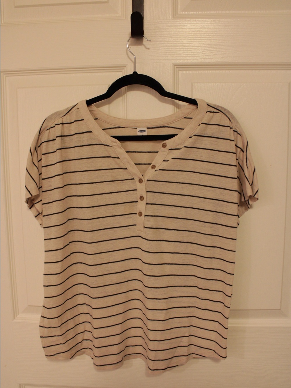 Old Navy Cream and Black Striped Henley Tee